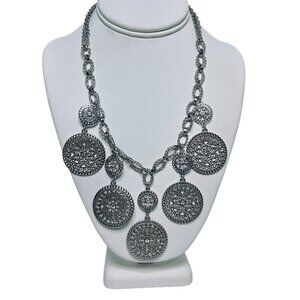 Silver Tone And Clear Rhinestone Medallion Necklace Signed Black/White (5807)